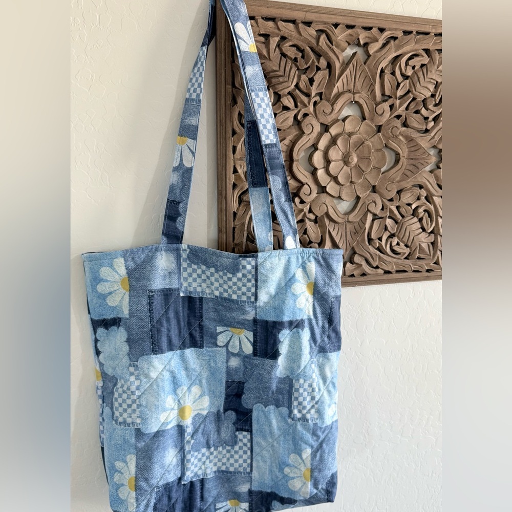 Denim Daisy Quilted Tote Bag Handmade Lined Padded Floral Big Cottage Christmas